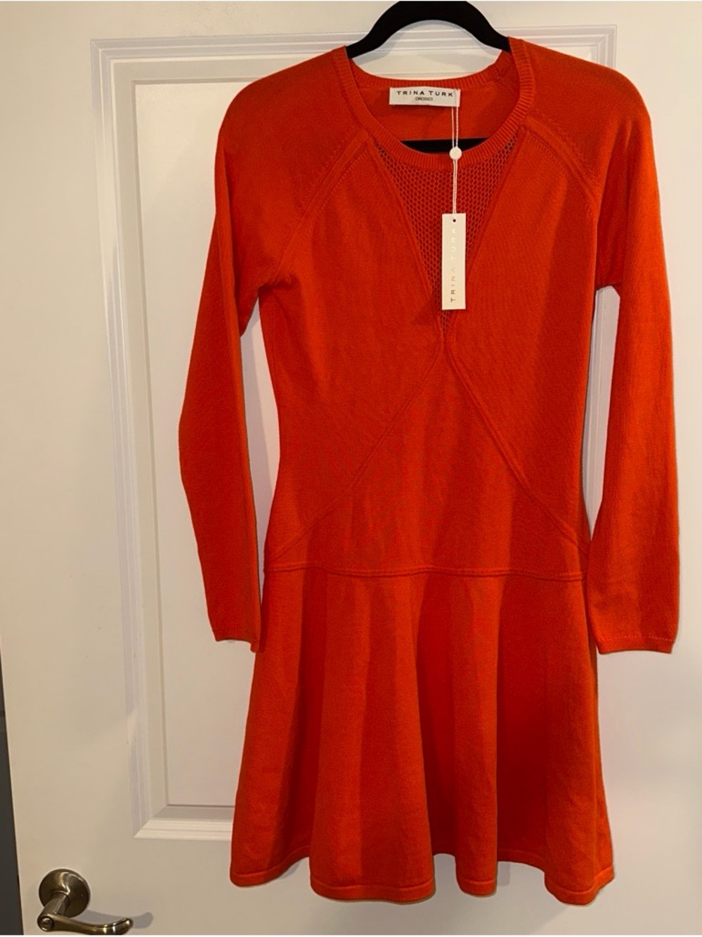 Trina Turk Bright Orange Knit Long Sleeve Fit-and-Flare Dress with Mesh Detail